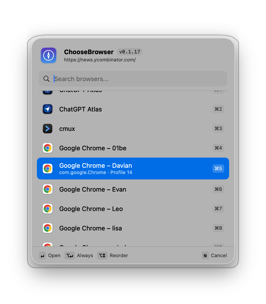 Choose Browser picker showing a separate row per Chrome profile